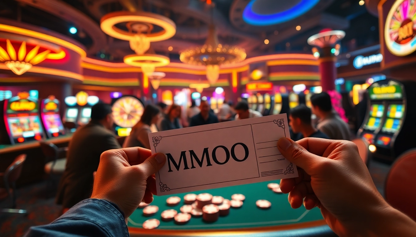 Players in an intense poker game at a casino featuring MMOO betting slips prominently.